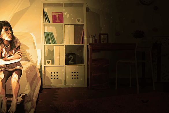 Illustration of child sat on end of their bed looking into darkness